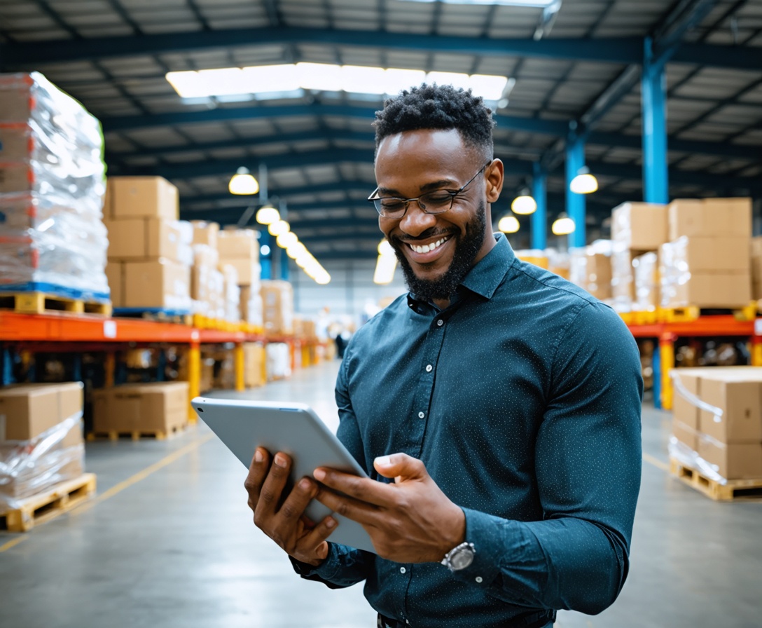 Majiteľ firmy v sklade s tabletom kontrolujúci nové skladové zásoby