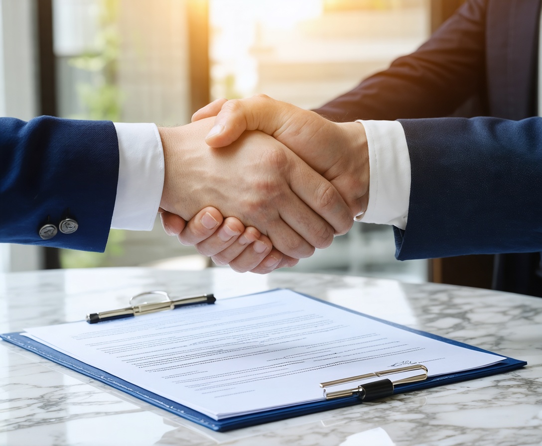 Detailný záber na podávanie rúk nad podpísaným dokumentom o spolupráci